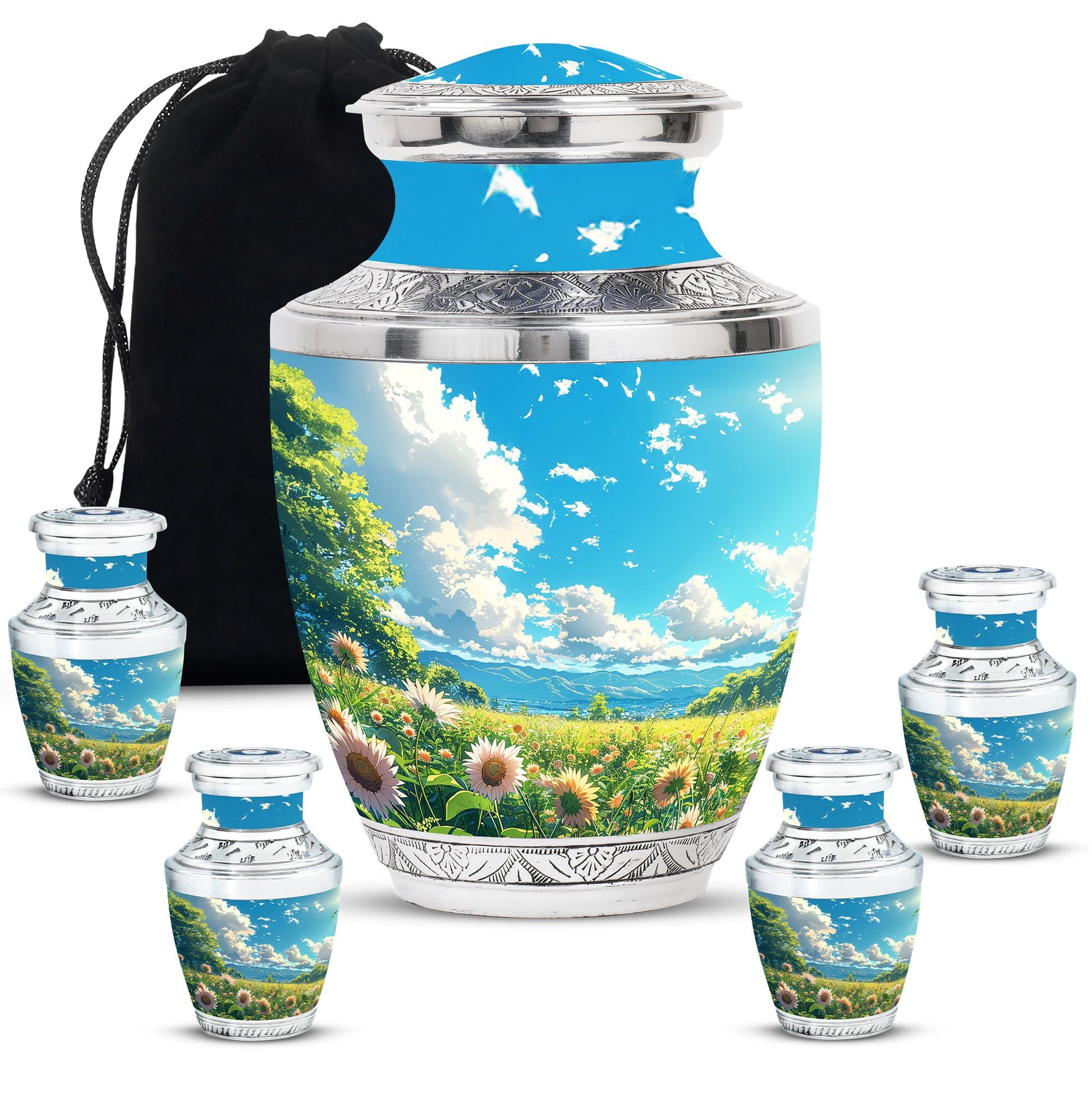 Flower Theme Large Urn With 4 Keepsake Urn