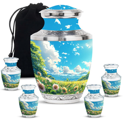 Flower Theme Large Urn With 4 Keepsake Urn