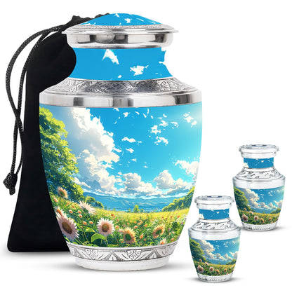 Flower Theme Large Urn With 2 Keepsake Urn