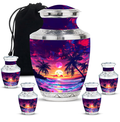 Sunset Theme Large Urn With 4 Keepsake Urn