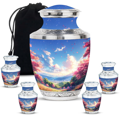 Sunset Theme Large Urn With 4 Keepsake Urn