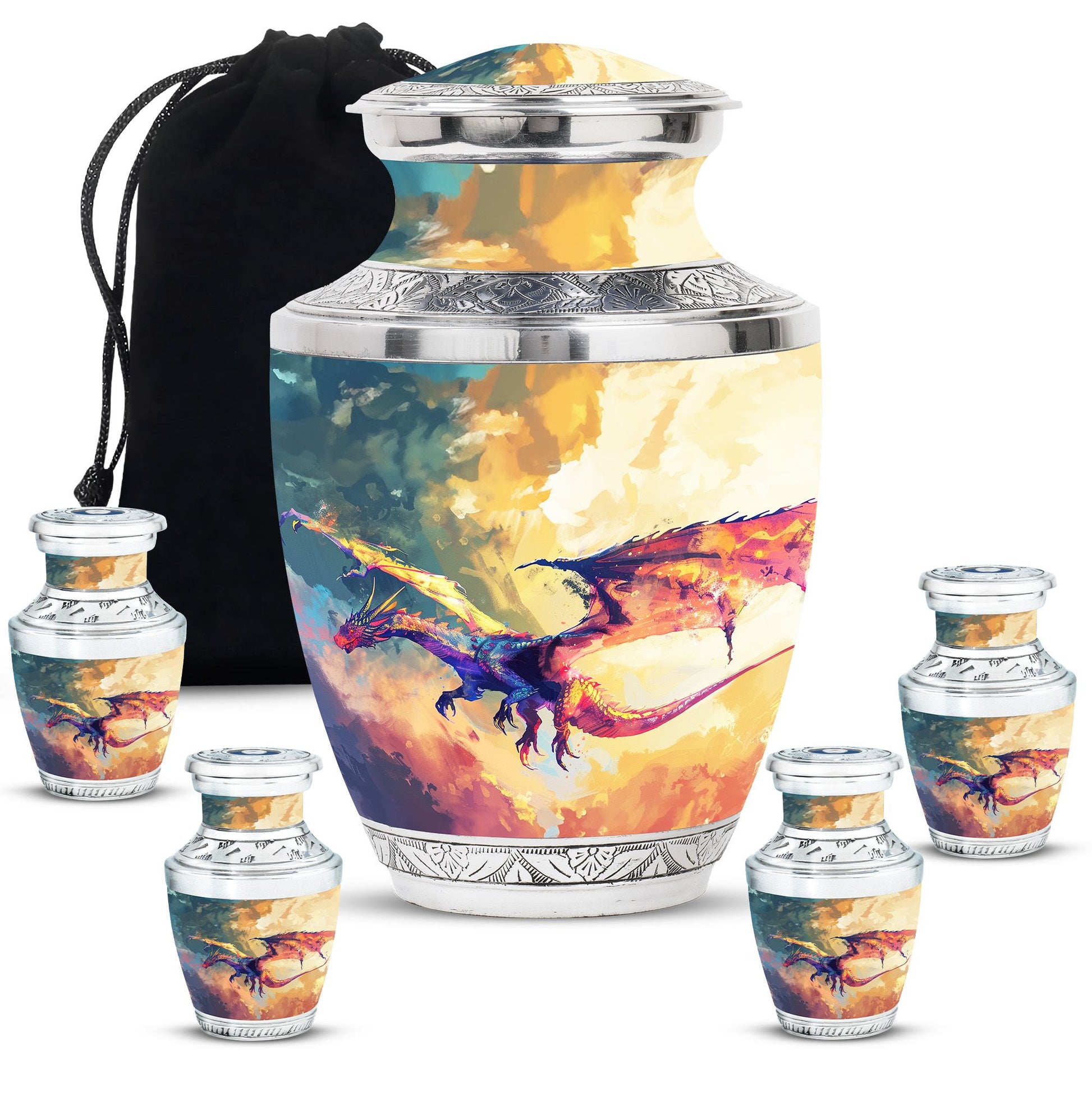 Dragon Theme Large Urn With 4 Keepsake Urn