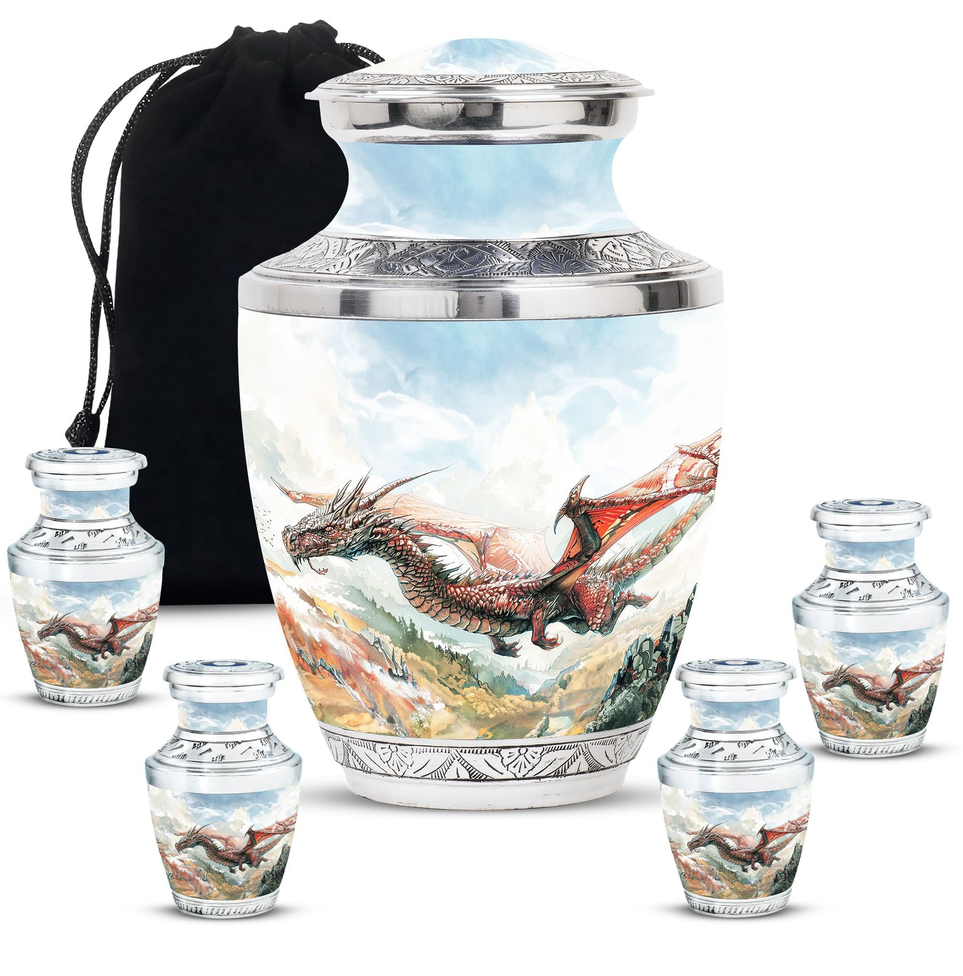 Dragon Theme Large Urn With 4 Keepsake Urn