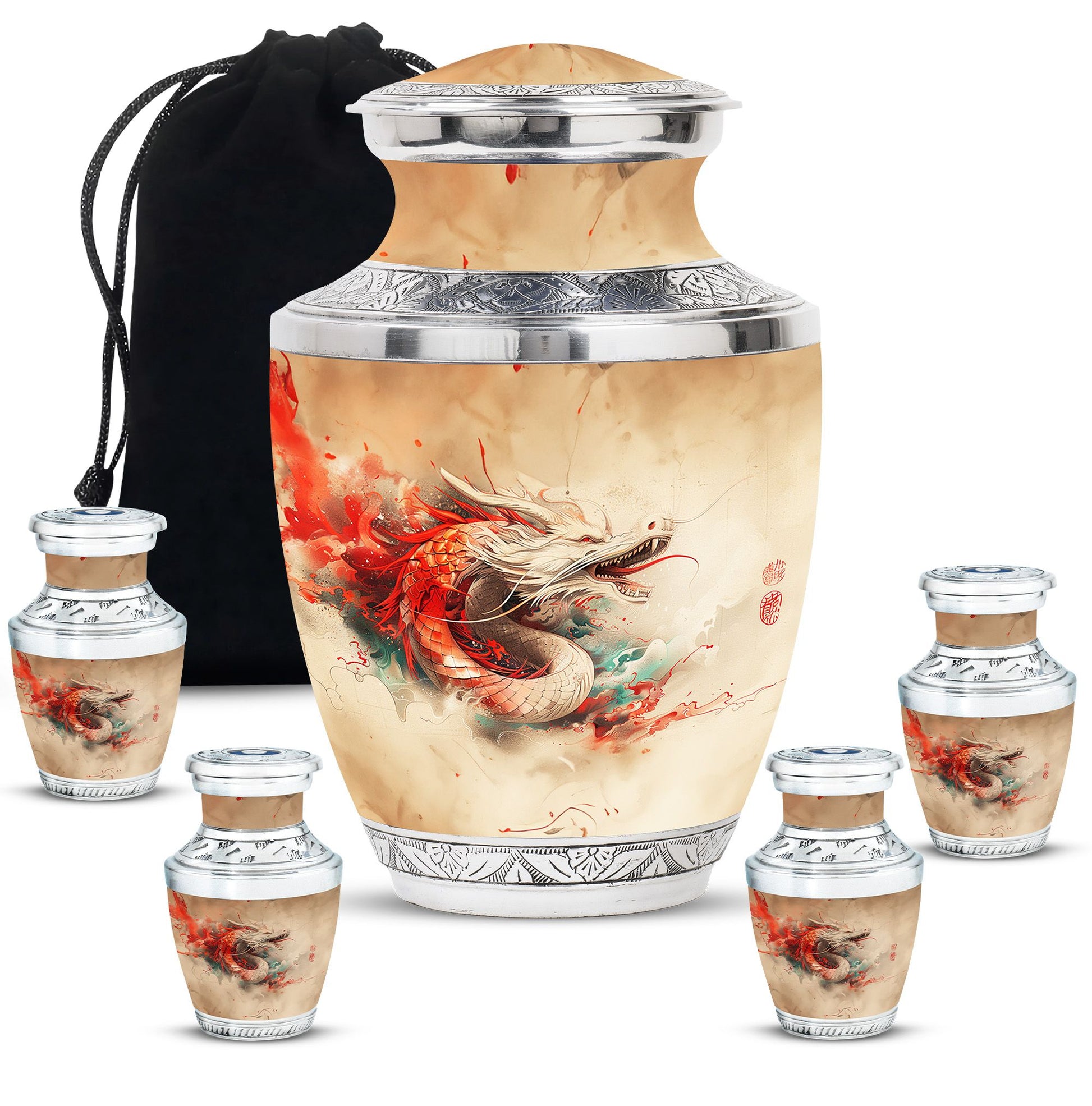 Dragon Theme Large Urn With 4 Keepsake Urn