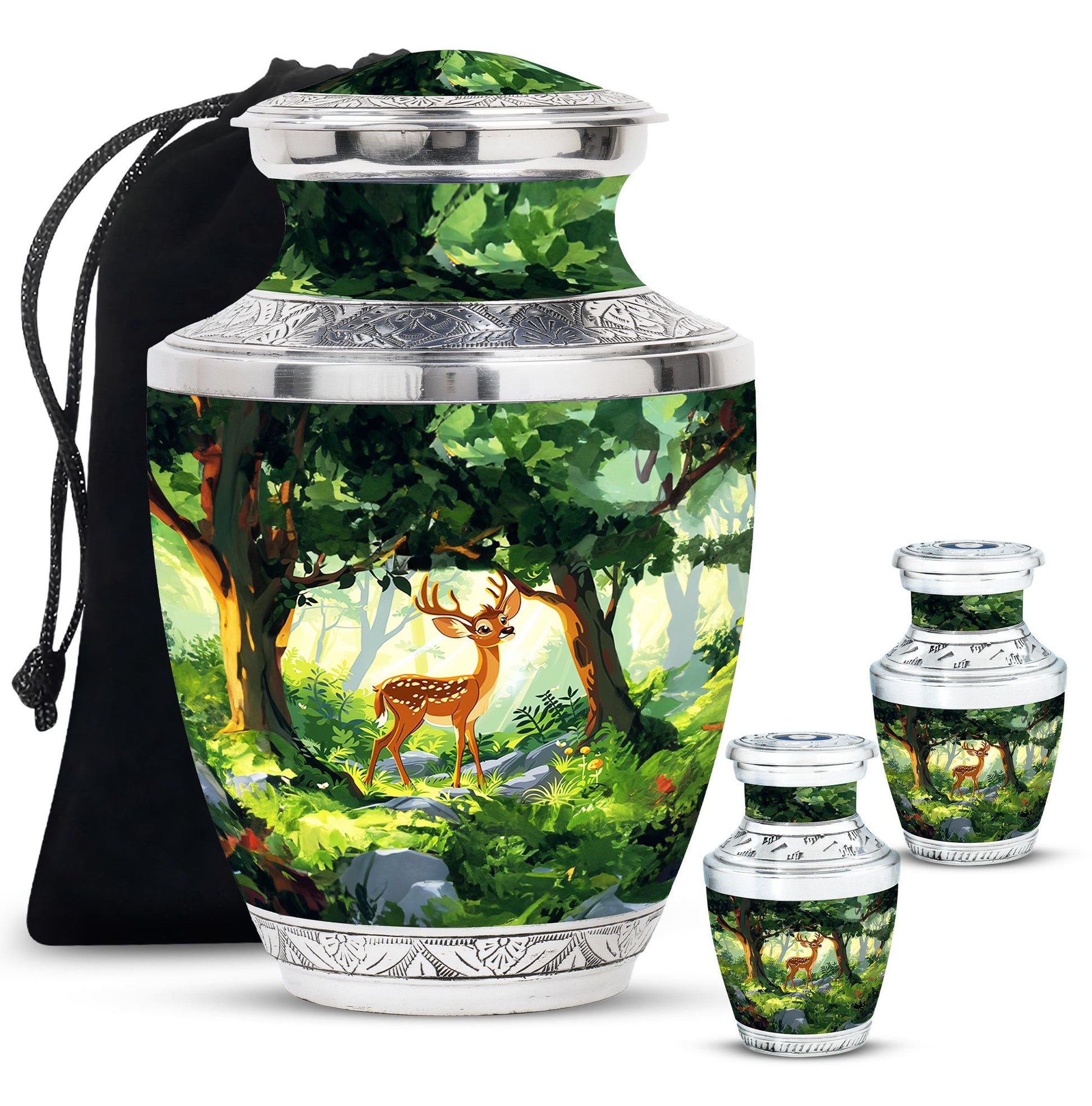 Deer Theme Large Urn With 2 Keepsake Urn