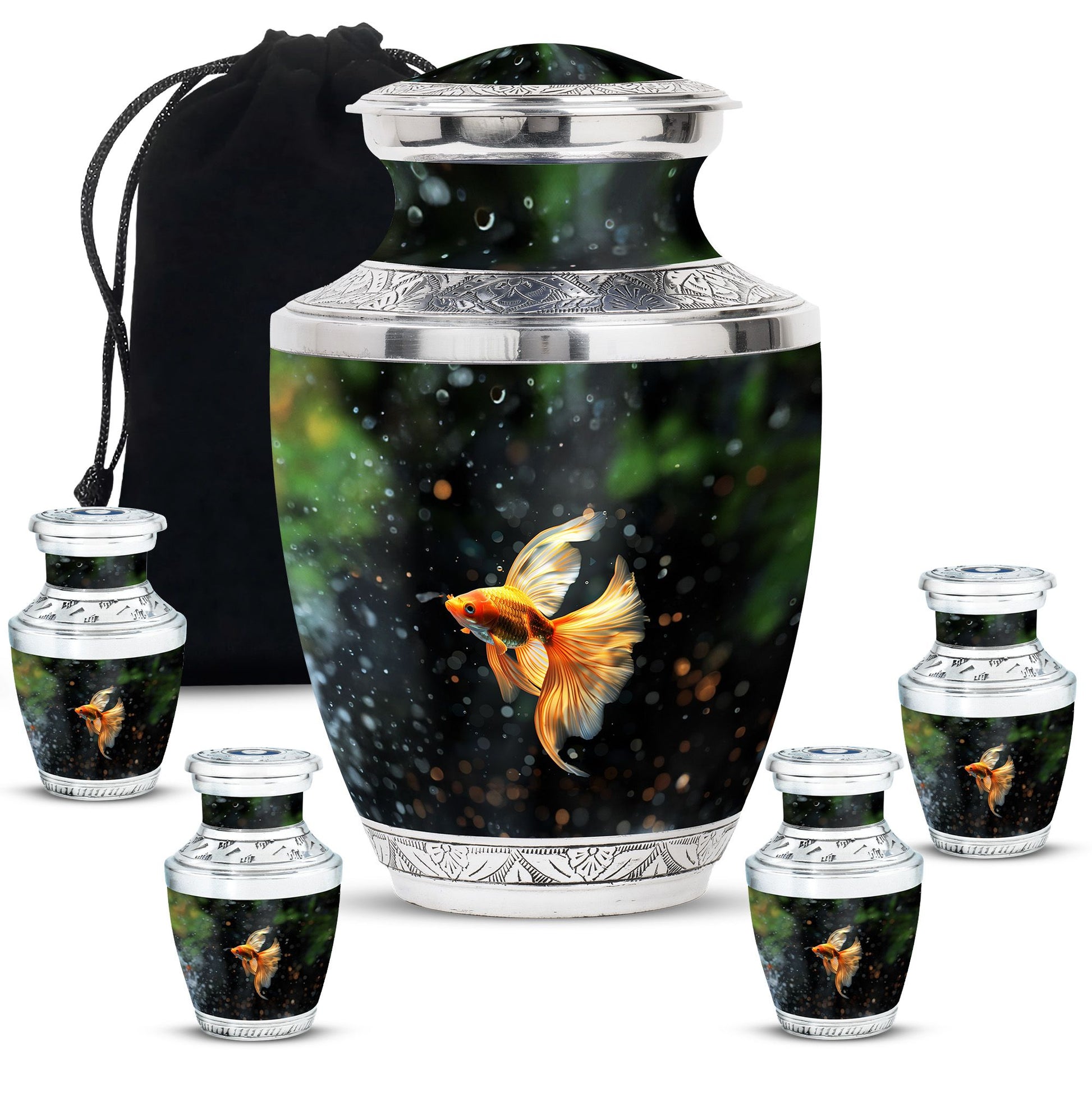 Fish Theme Large Urn With 4 Keepsake Urn