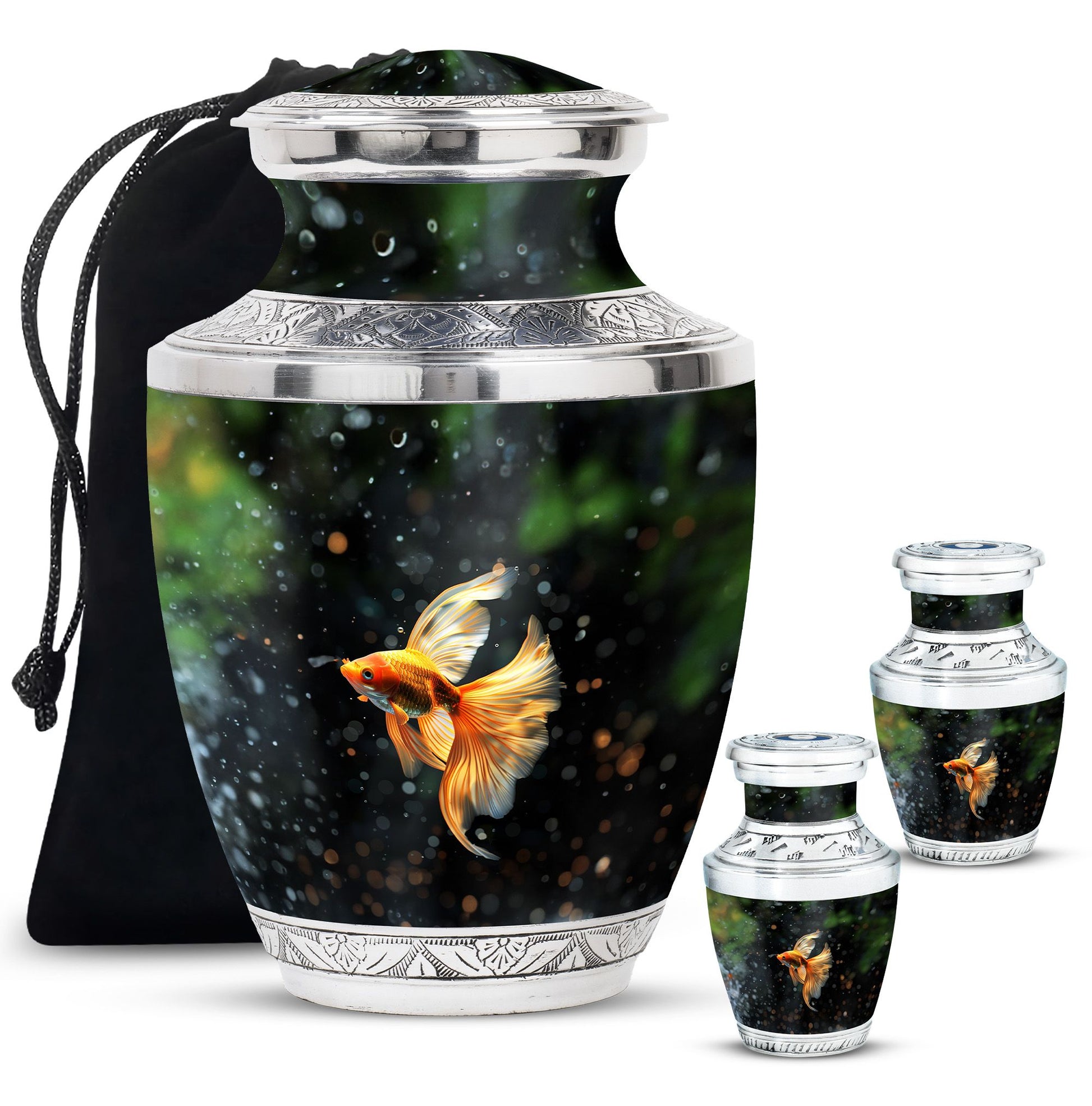 Fish Theme Large Urn With 2 Keepsake Urn