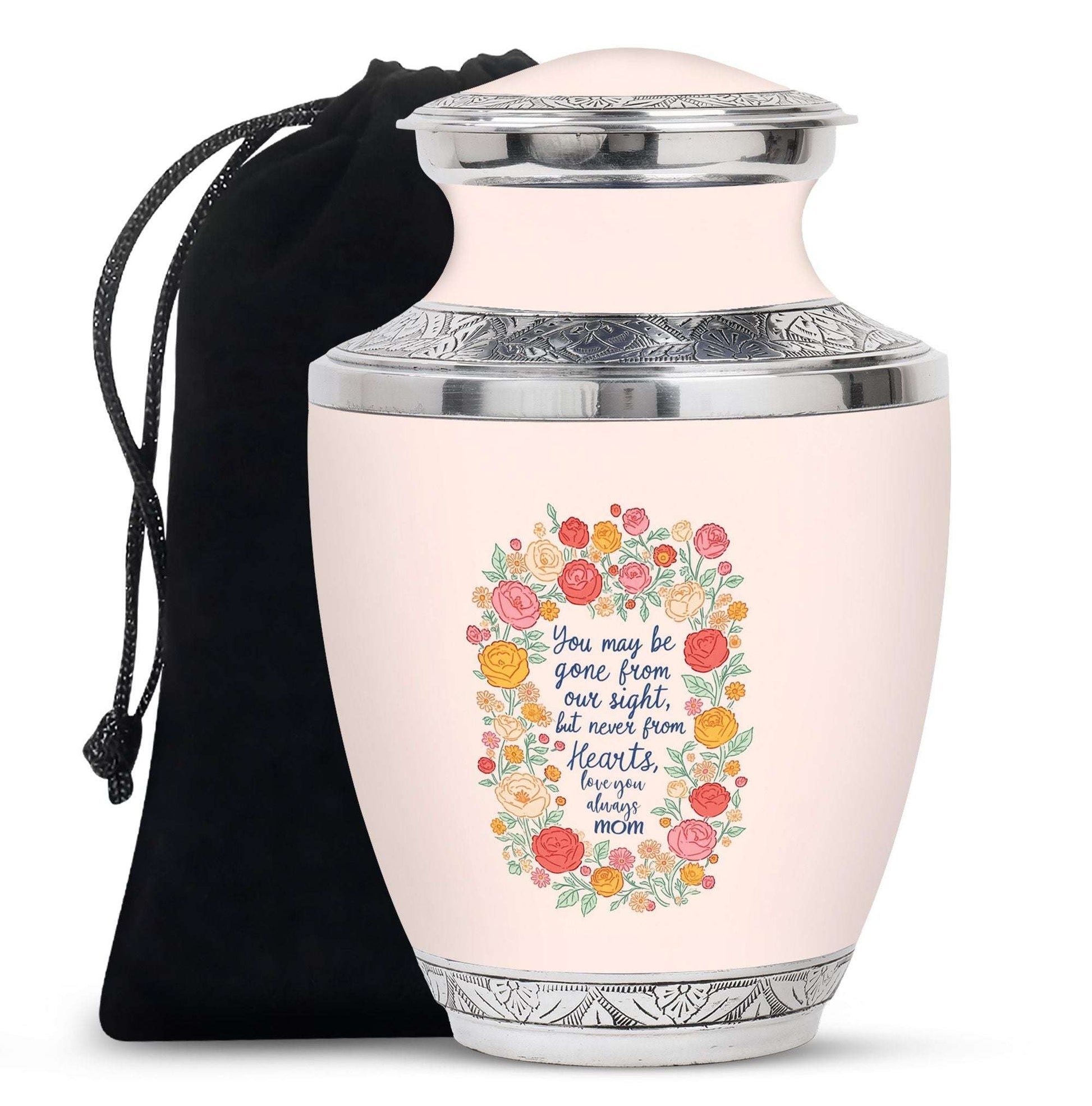 Light Pink Cremation Memorial Urn – Pink Floral Tribute with Quote Urn For Mom