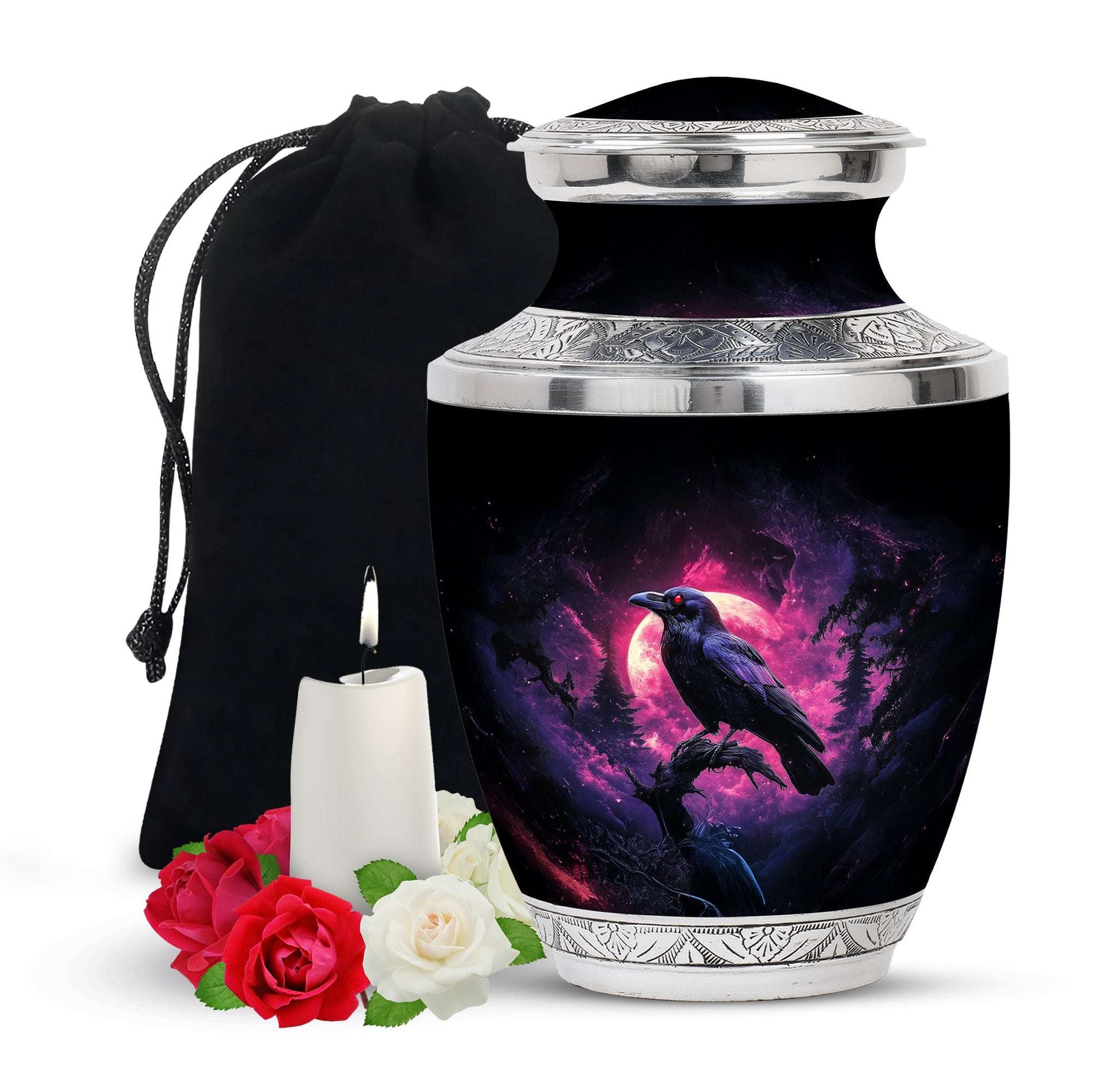 Raven Cremation Urn – Gothic Red Moon Forest Urn for Ashes