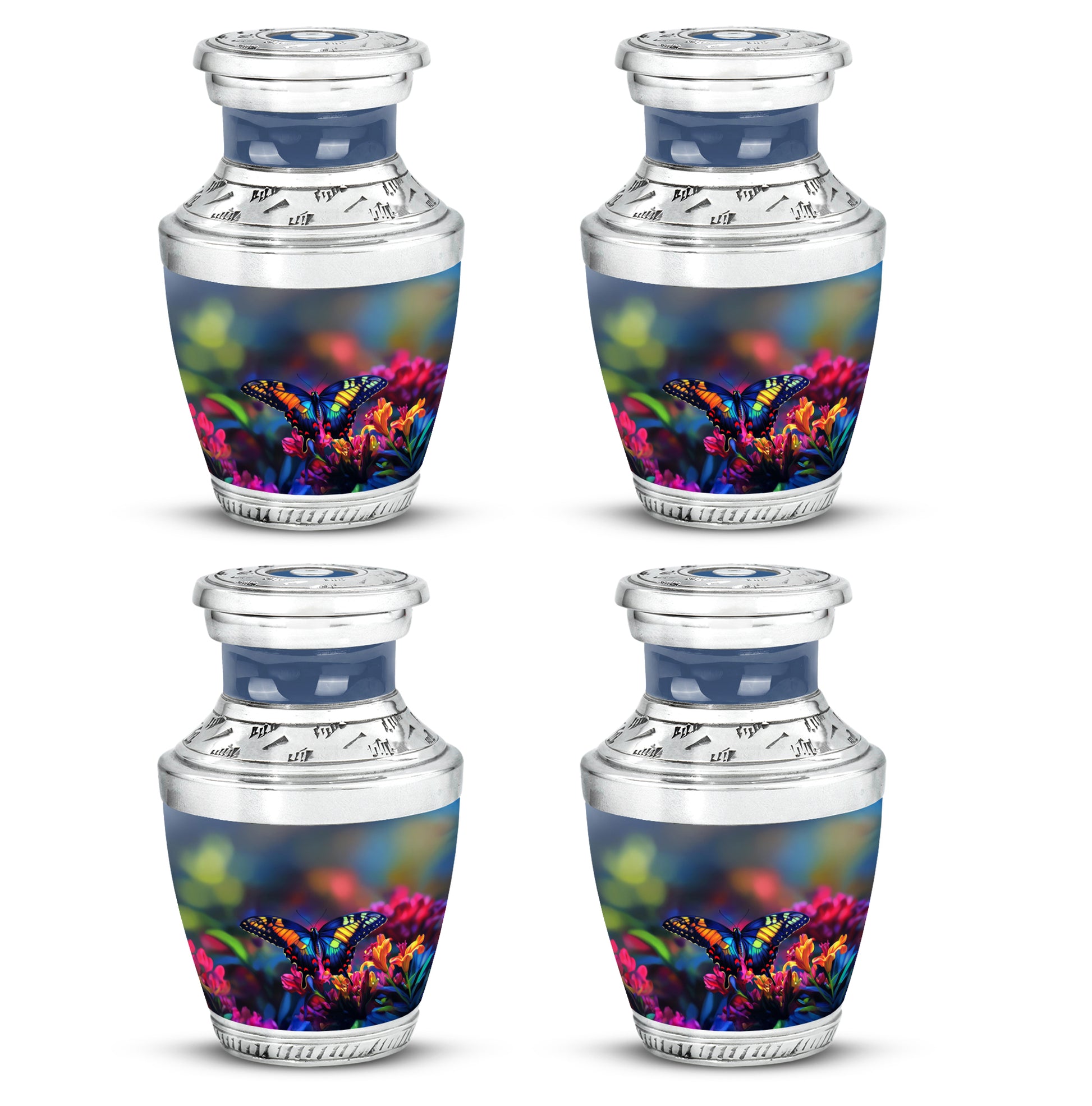 Calming Blue Butterfly Cremation Urn back view with polished surface - stylized abstract butterfly pattern with bold lines - 10 inch aluminum urn for cremated remains