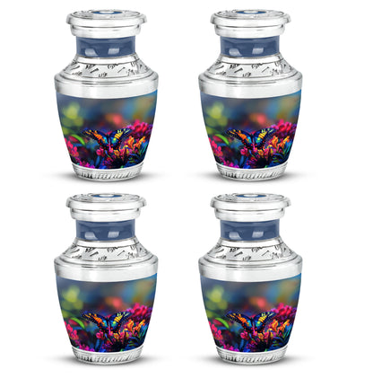 Calming Blue Butterfly Cremation Urn back view with polished surface - stylized abstract butterfly pattern with bold lines - 10 inch aluminum urn for cremated remains