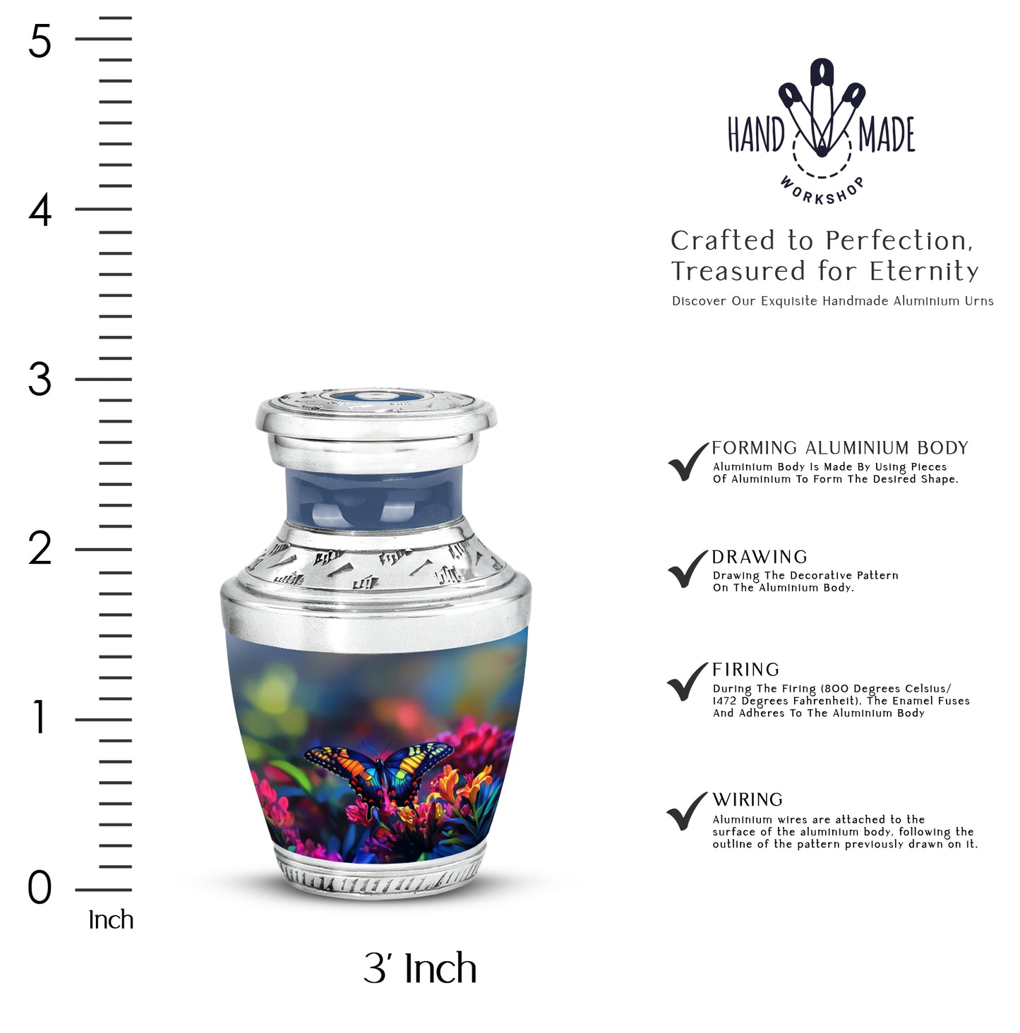Misty Blue Butterfly Cremation Urn top-down view of secure threaded lid - contemporary butterfly design with modern artistic flair - mini keepsake memorial for portion of cremation ashes