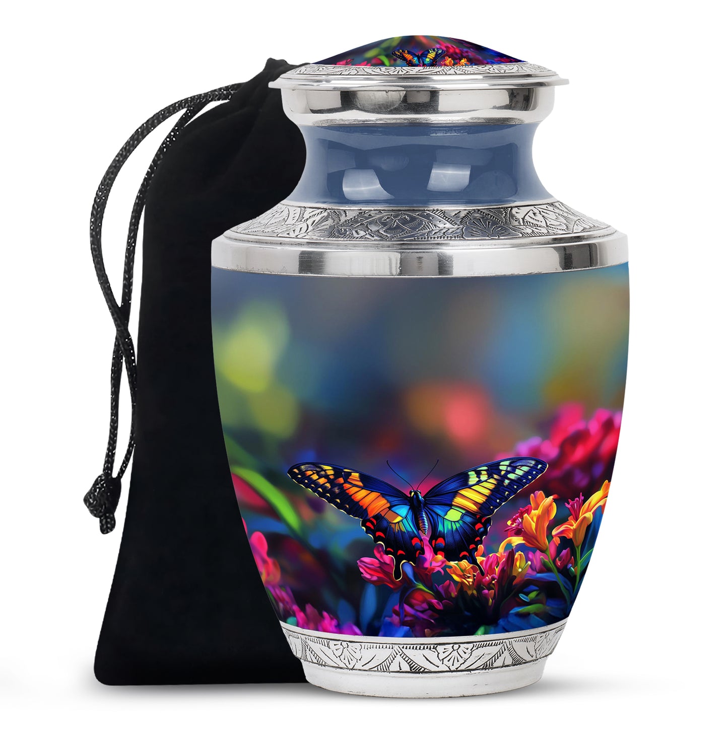 Misty Blue Butterfly Cremation Urn side profile showing urn shape - modern art-inspired butterfly motif on sleek aluminum - full-size 10 inch 200 cubic inch adult cremation urn