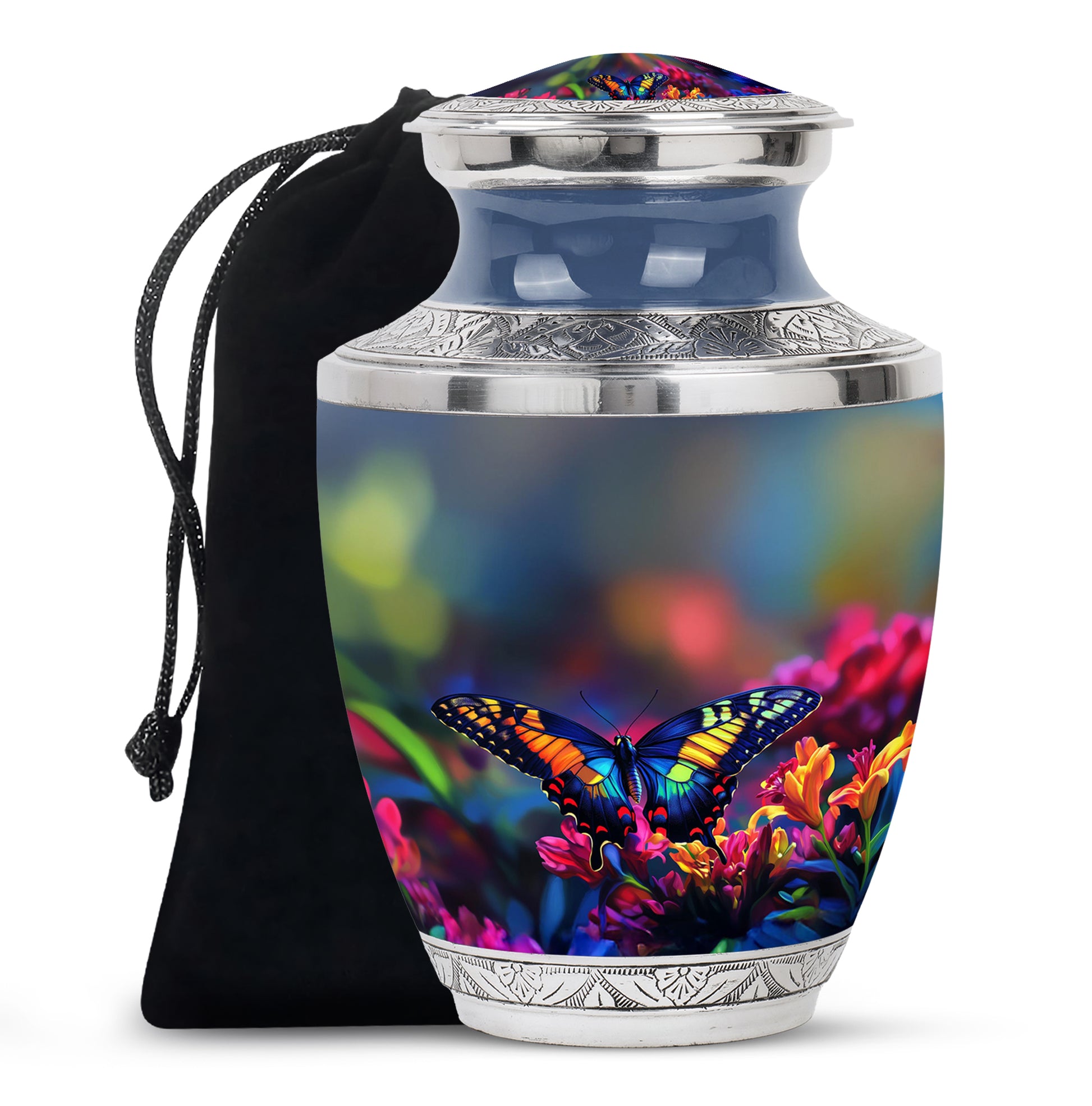 Misty Blue Butterfly Cremation Urn side profile showing urn shape - modern art-inspired butterfly motif on sleek aluminum - full-size 10 inch 200 cubic inch adult cremation urn