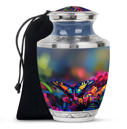 Misty Blue Butterfly Cremation Urn side profile showing urn shape - modern art-inspired butterfly motif on sleek aluminum - full-size 10 inch 200 cubic inch adult cremation urn