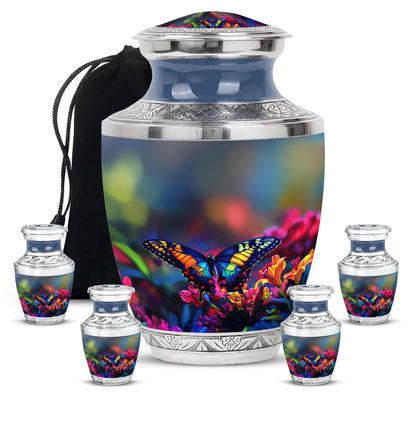 Indigo Butterfly Cremation Urn lifestyle display on memorial shelf - modern art-inspired butterfly motif on sleek aluminum - memorial set with one large and four small urns