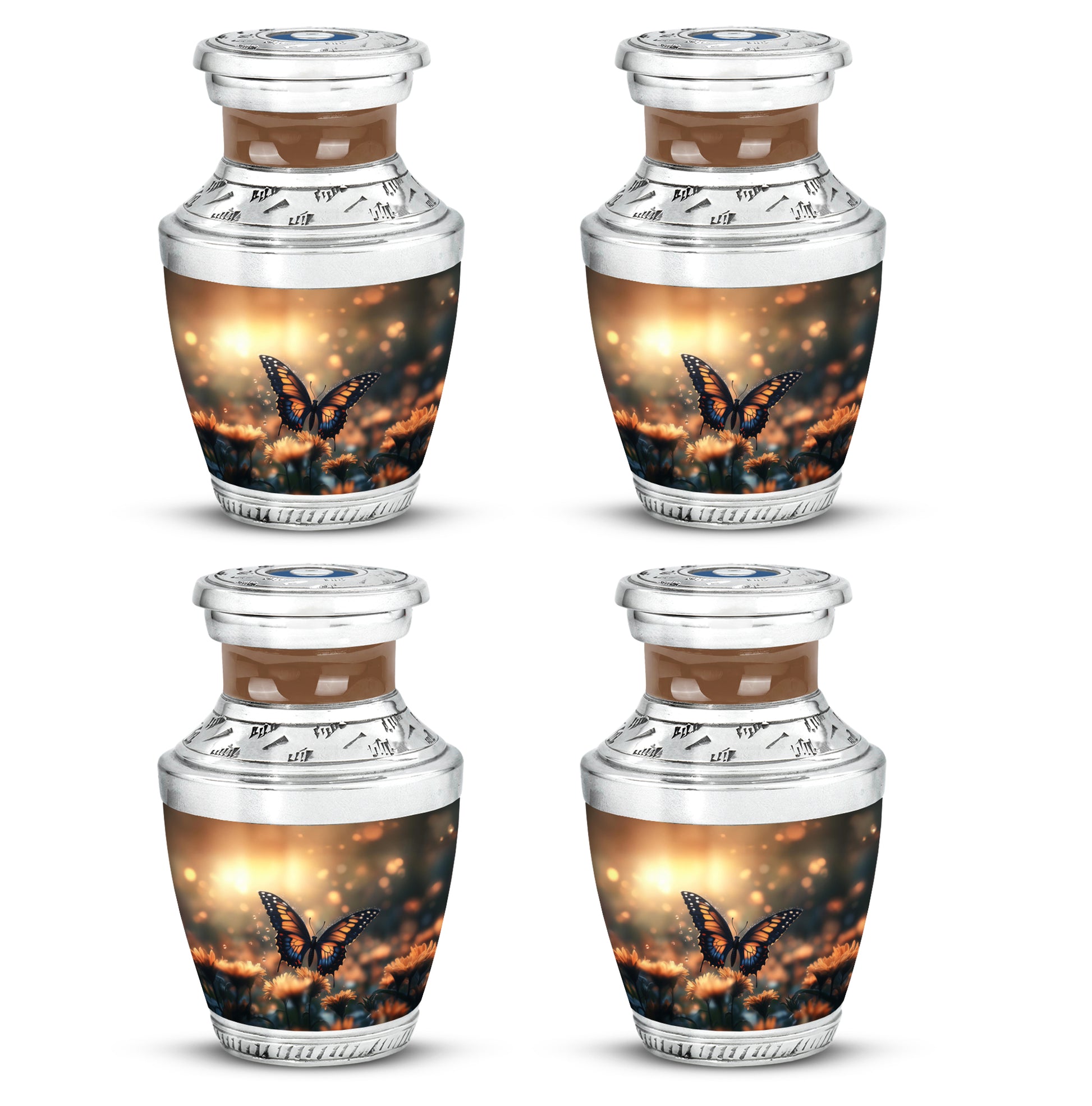 Matte Gold Butterfly Cremation Urn back view with polished surface - artistic butterfly interpretation with creative detail - 10 inch aluminum urn for cremated remains