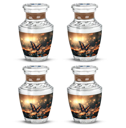 Matte Gold Butterfly Cremation Urn back view with polished surface - artistic butterfly interpretation with creative detail - 10 inch aluminum urn for cremated remains