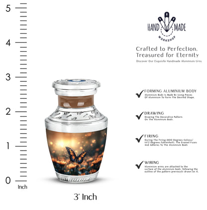Sunrise Gold Butterfly Cremation Urn top-down view of secure threaded lid - modern art-inspired butterfly motif on sleek aluminum - mini keepsake memorial for portion of cremation ashes
