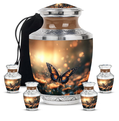 Antique Gold Butterfly Cremation Urn lifestyle display on memorial shelf - contemporary butterfly design with modern artistic flair - memorial set with one large and four small urns