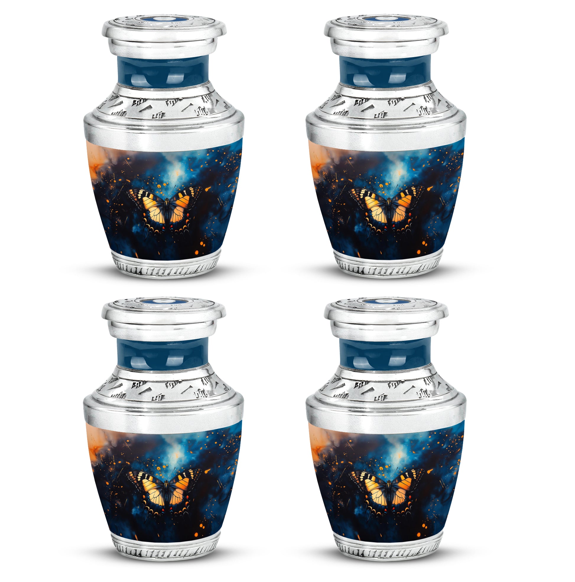 Azure Butterfly Cremation Urn back view with polished surface - contemporary butterfly design with modern artistic flair - 10 inch aluminum urn for cremated remains