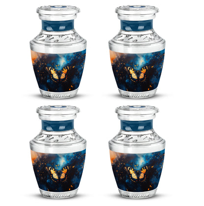 Azure Butterfly Cremation Urn back view with polished surface - contemporary butterfly design with modern artistic flair - 10 inch aluminum urn for cremated remains