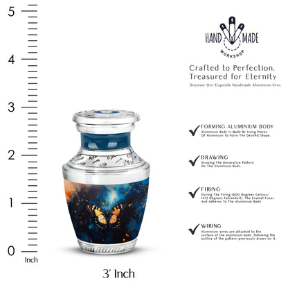 Powder Blue Butterfly Cremation Urn top-down view of secure threaded lid - contemporary butterfly design with modern artistic flair - mini keepsake memorial for portion of cremation ashes