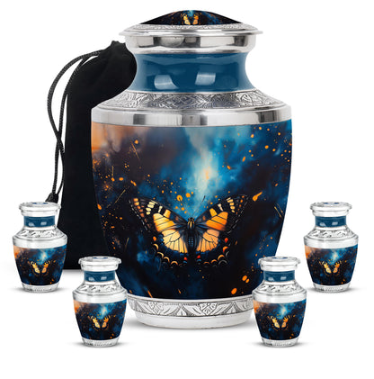 Dusty Blue Butterfly Cremation Urn lifestyle display on memorial shelf - modern art-inspired butterfly motif on sleek aluminum - memorial set with one large and four small urns