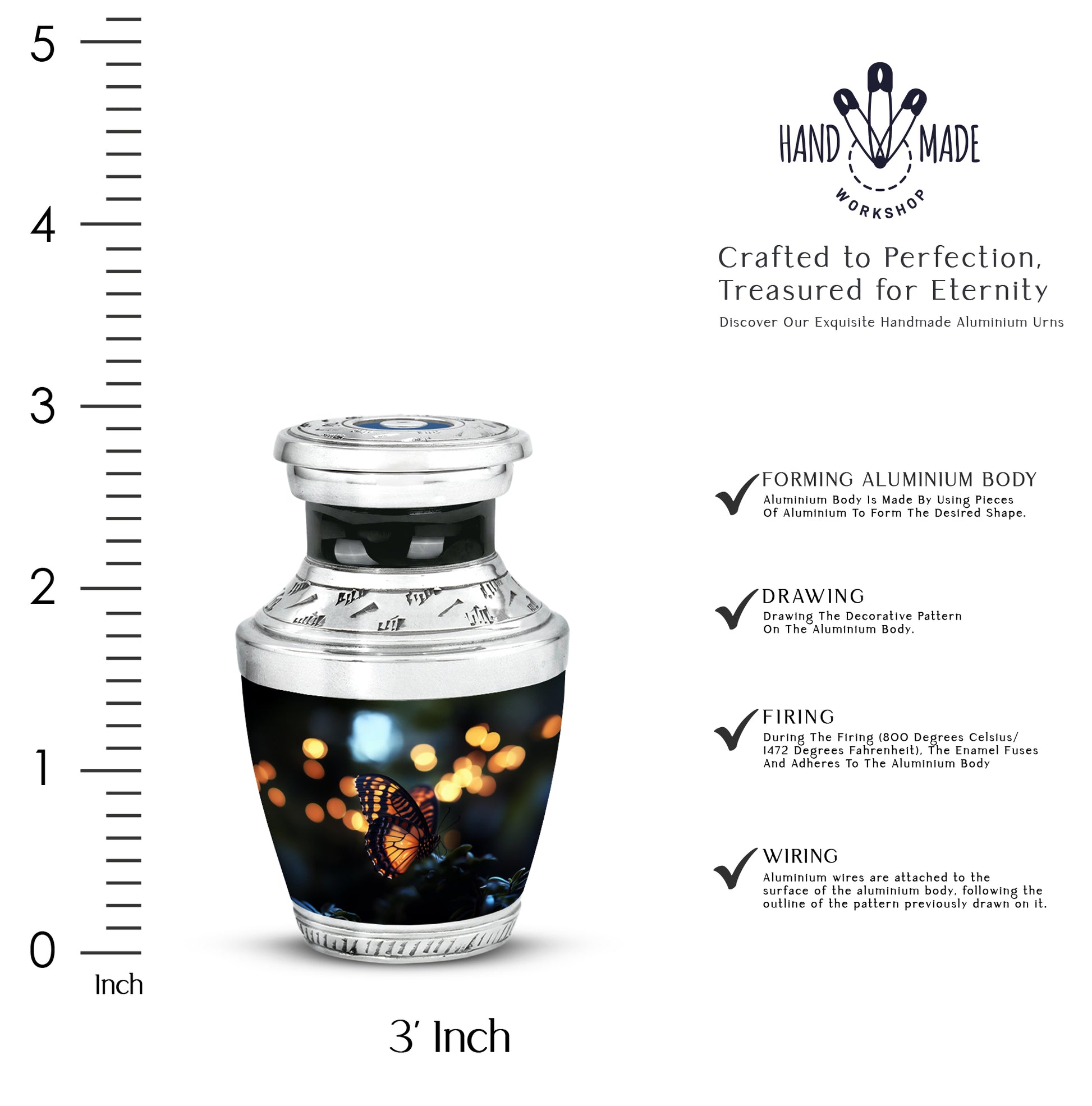 Deep Black Butterfly Cremation Urn top-down view of secure threaded lid - contemporary butterfly design with modern artistic flair - mini keepsake memorial for portion of cremation ashes