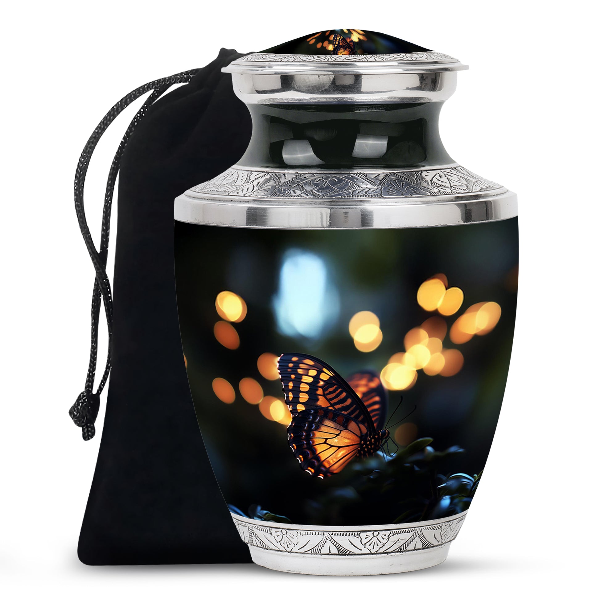 Onyx Black Butterfly Cremation Urn side profile showing urn shape - stylized abstract butterfly pattern with bold lines - full-size 10 inch 200 cubic inch adult cremation urn