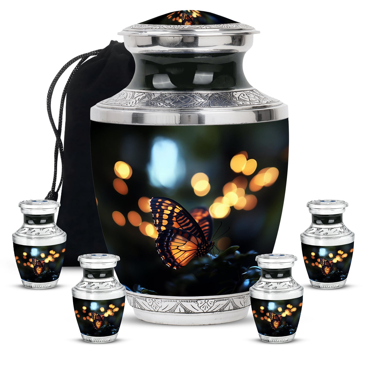 Rich Black Butterfly Cremation Urn lifestyle display on memorial shelf - contemporary butterfly design with modern artistic flair - memorial set with one large and four small urns