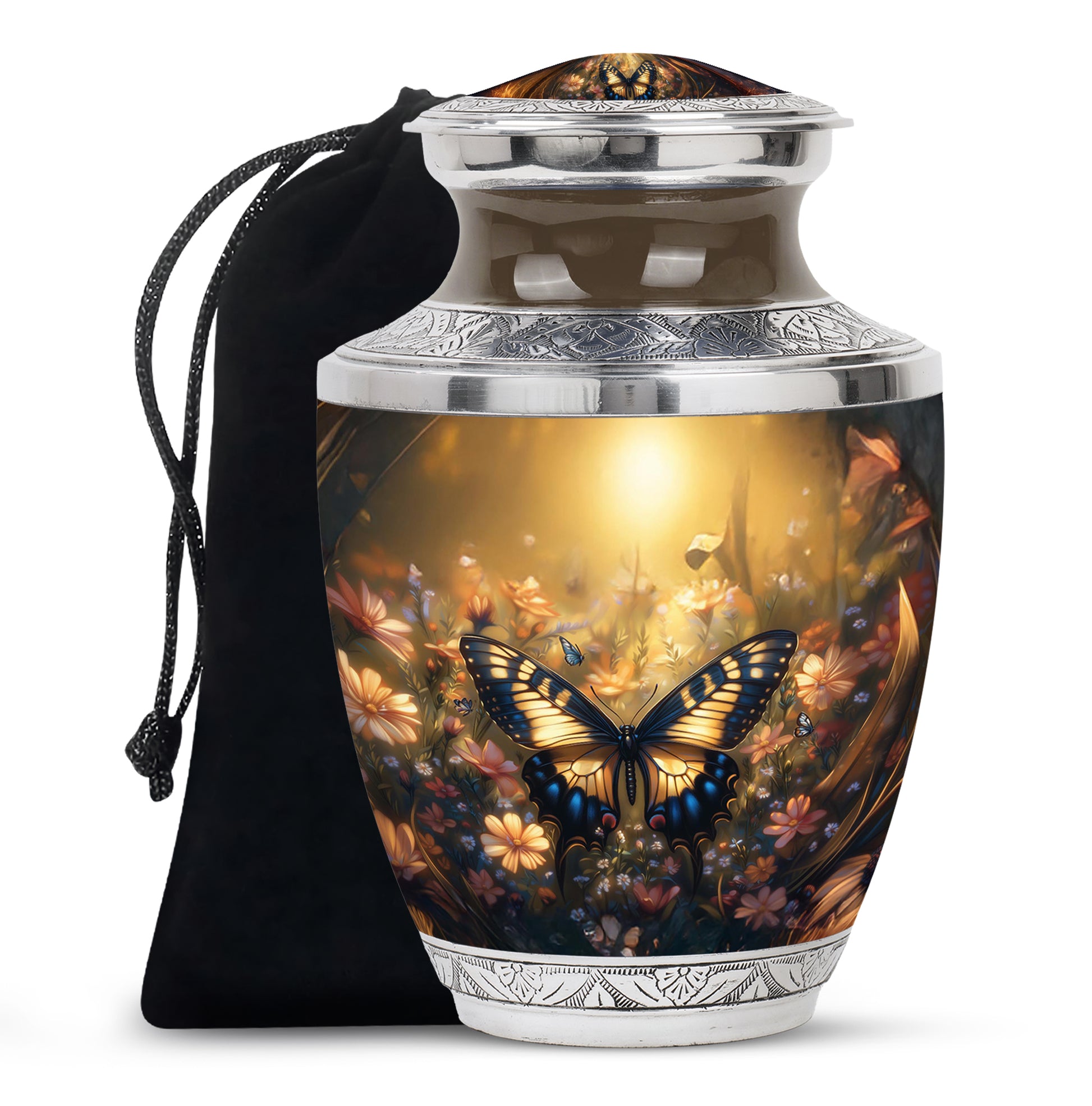 Royal Gold Butterfly Cremation Urn side profile showing urn shape - stylized abstract butterfly pattern with bold lines - full-size 10 inch 200 cubic inch adult cremation urn