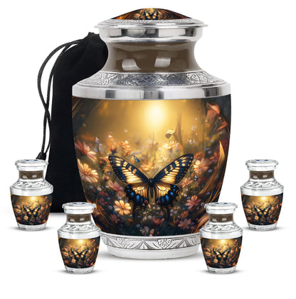 Warm Gold Butterfly Cremation Urn lifestyle display on memorial shelf - artistic butterfly interpretation with creative detail - memorial set with one large and four small urns