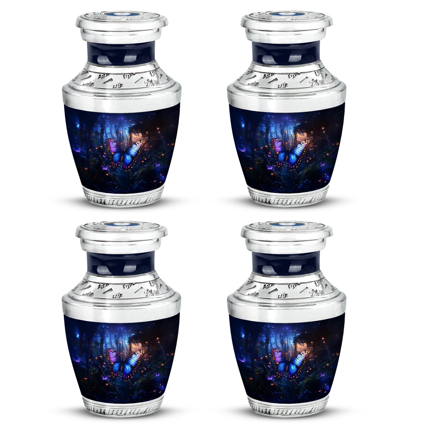 Steel Blue Butterfly Cremation Urn back view with polished surface - artistic butterfly interpretation with creative detail - 10 inch aluminum urn for cremated remains
