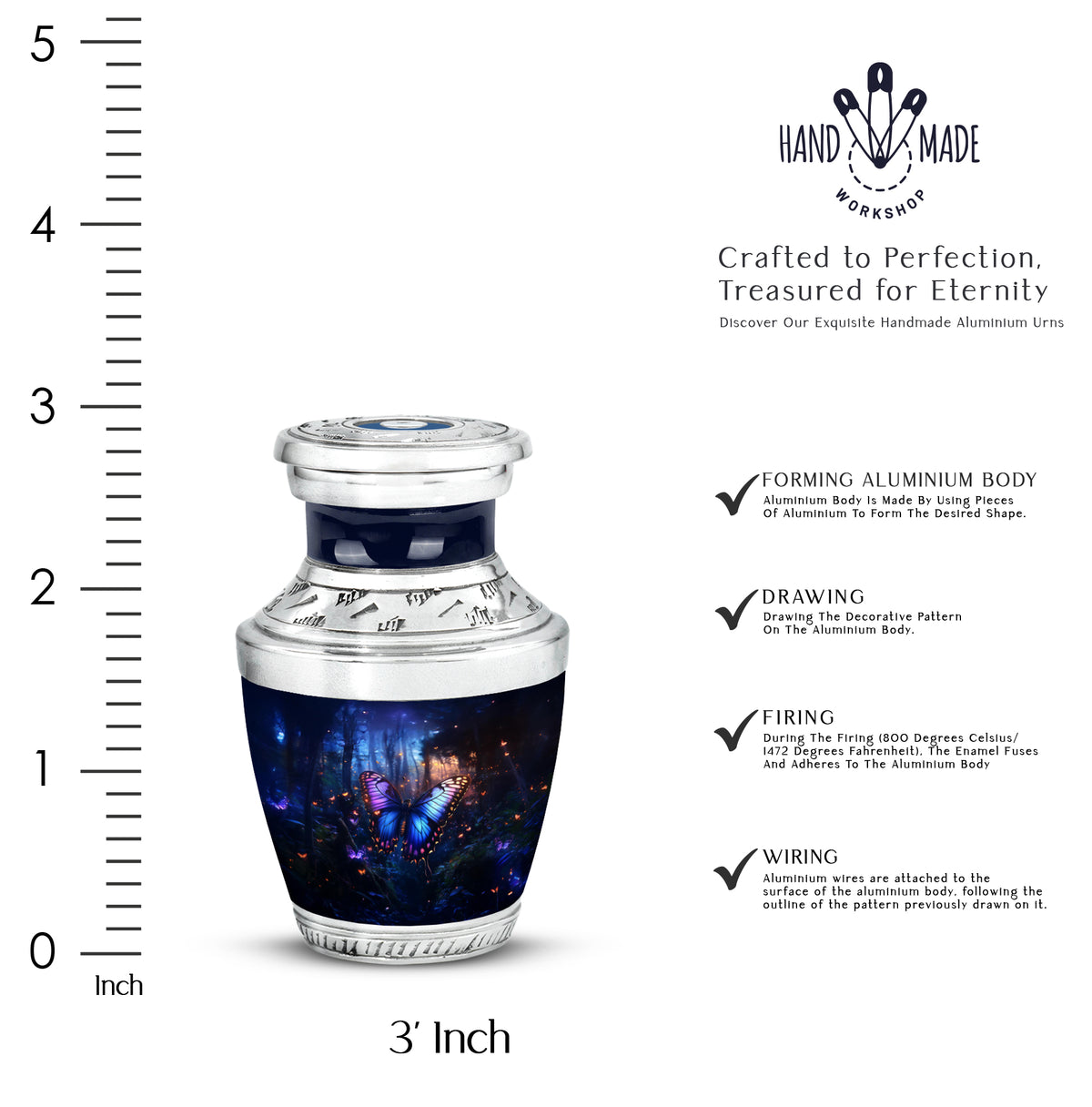Celestial Blue Butterfly Cremation Urn top-down view of secure threaded lid - contemporary butterfly design with modern artistic flair - mini keepsake memorial for portion of cremation ashes