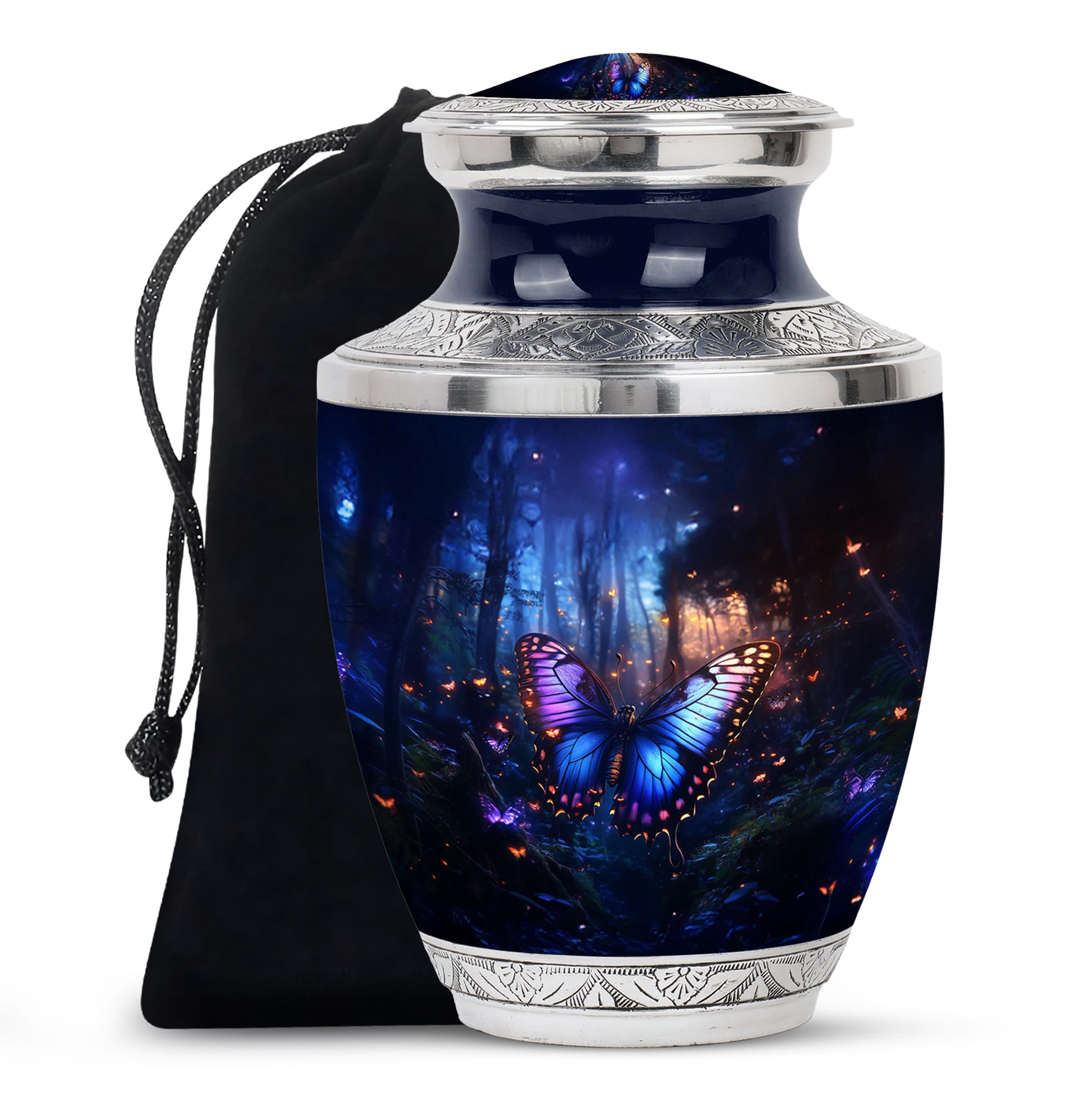 Azure Butterfly Cremation Urn side profile showing urn shape - contemporary butterfly design with modern artistic flair - full-size 10 inch 200 cubic inch adult cremation urn