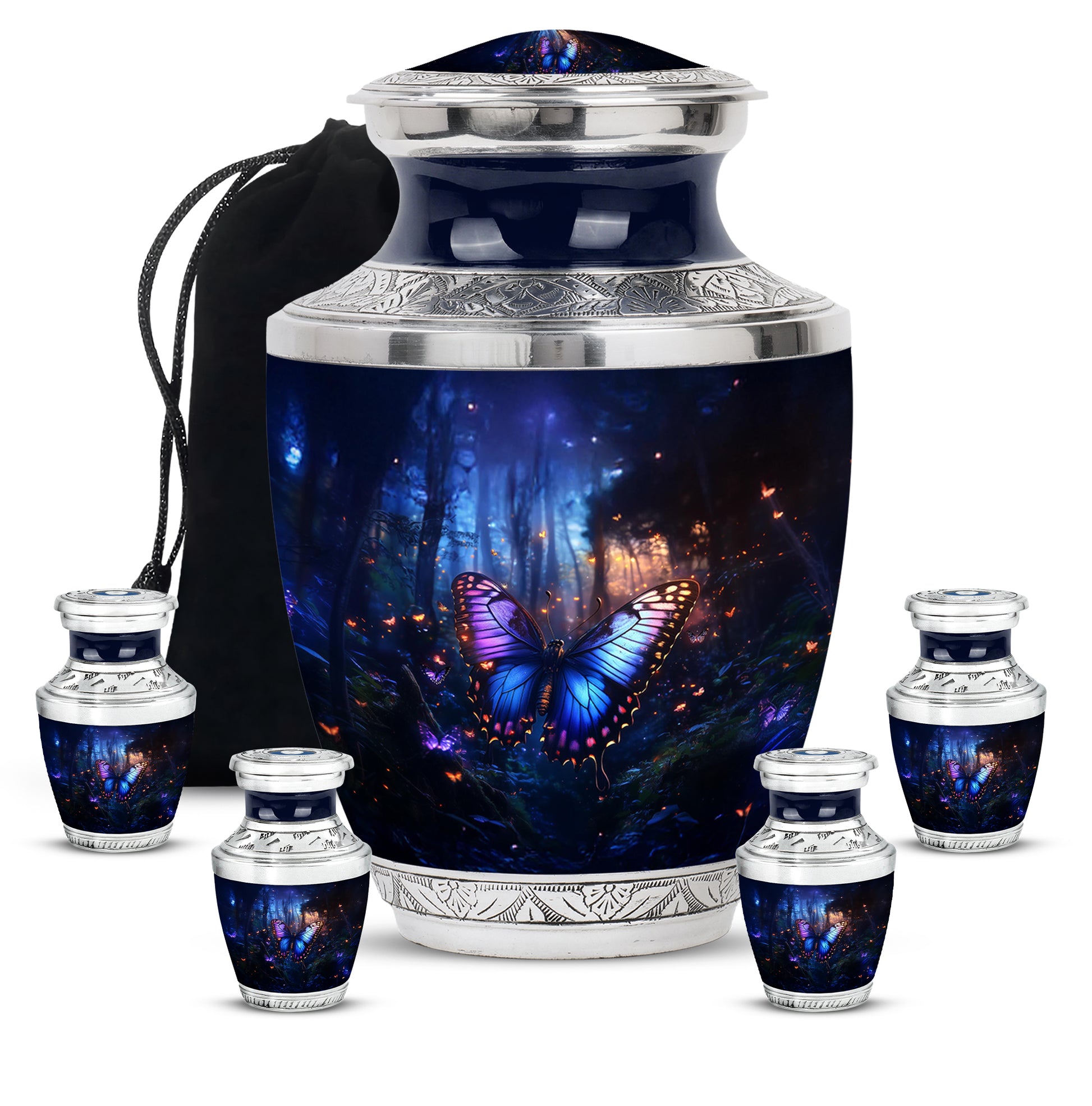 Navy Blue Butterfly Cremation Urn lifestyle display on memorial shelf - contemporary butterfly design with modern artistic flair - memorial set with one large and four small urns