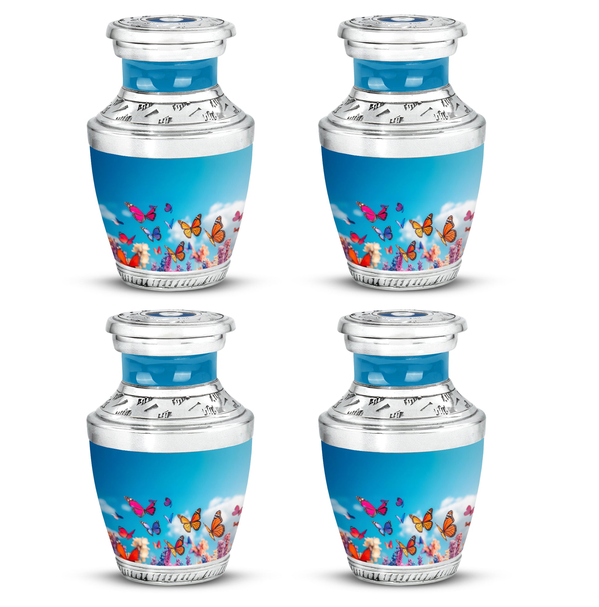 Bright Blue Butterfly Cremation Urn back view with polished surface - artistic butterfly interpretation with creative detail - 10 inch aluminum urn for cremated remains