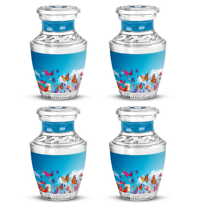 Bright Blue Butterfly Cremation Urn back view with polished surface - artistic butterfly interpretation with creative detail - 10 inch aluminum urn for cremated remains