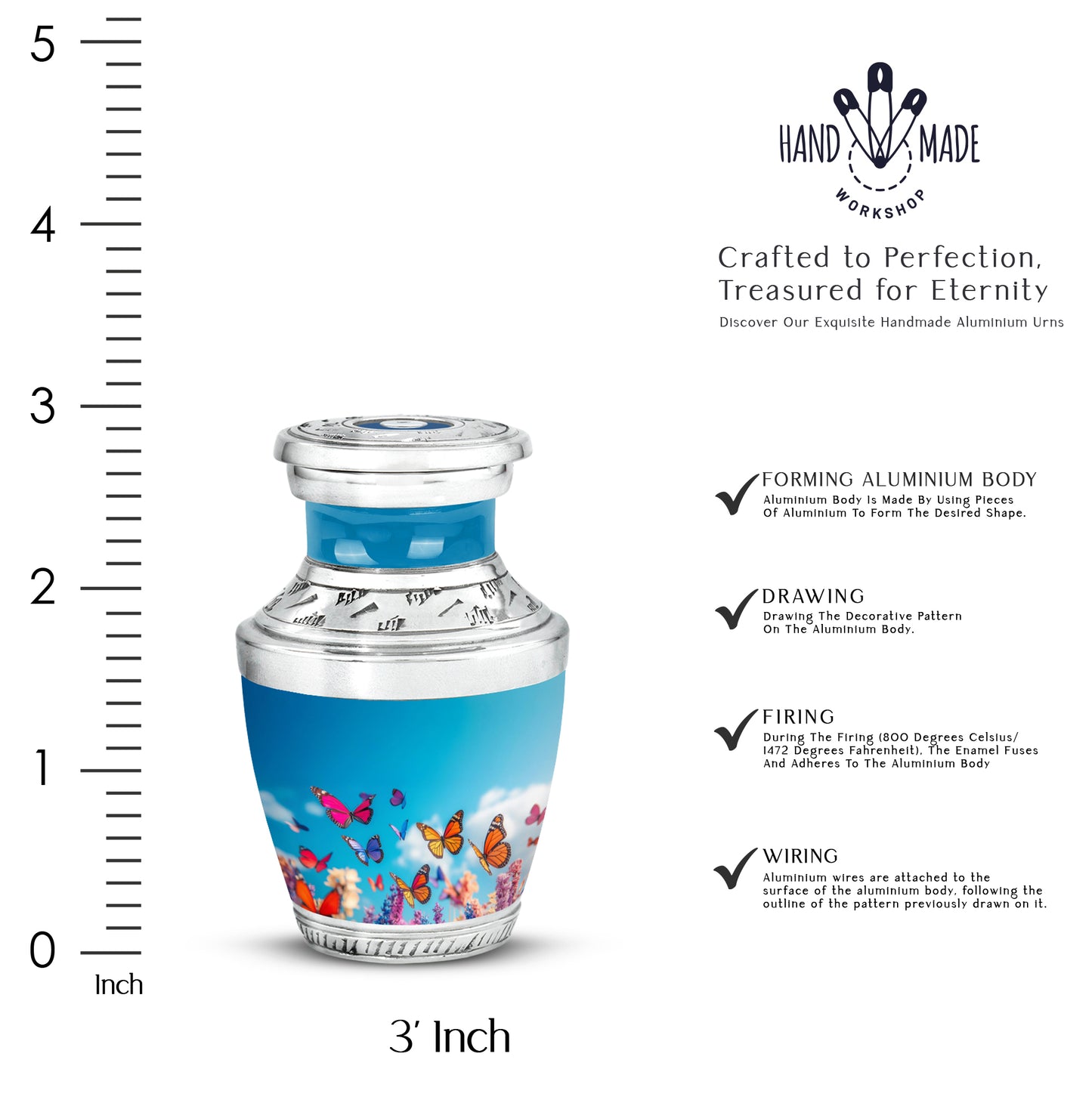Celestial Blue Butterfly Cremation Urn top-down view of secure threaded lid - modern art-inspired butterfly motif on sleek aluminum - mini keepsake memorial for portion of cremation ashes