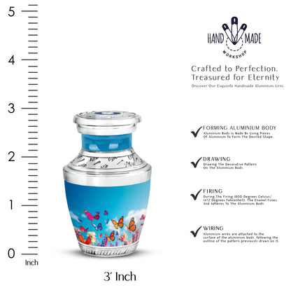 Celestial Blue Butterfly Cremation Urn top-down view of secure threaded lid - modern art-inspired butterfly motif on sleek aluminum - mini keepsake memorial for portion of cremation ashes