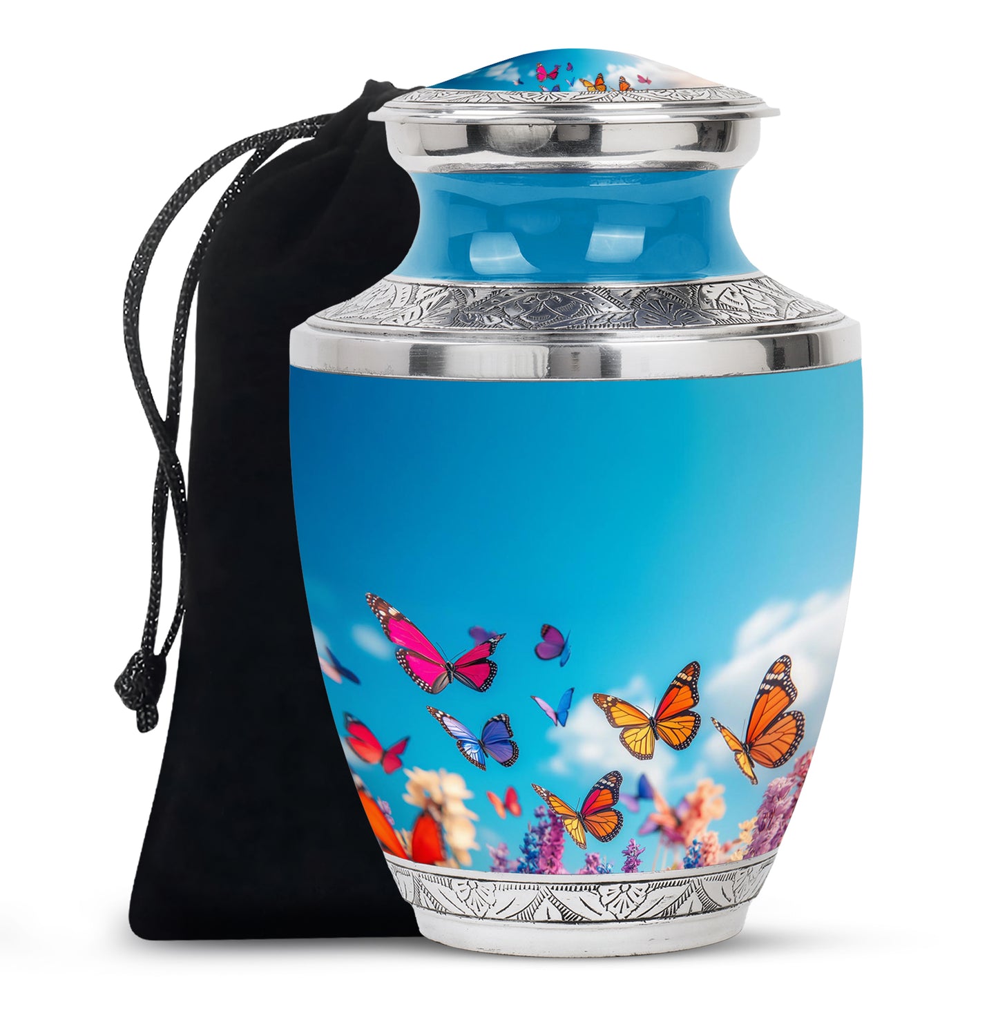 Indigo Butterfly Cremation Urn side profile showing urn shape - modern art-inspired butterfly motif on sleek aluminum - full-size 10 inch 200 cubic inch adult cremation urn