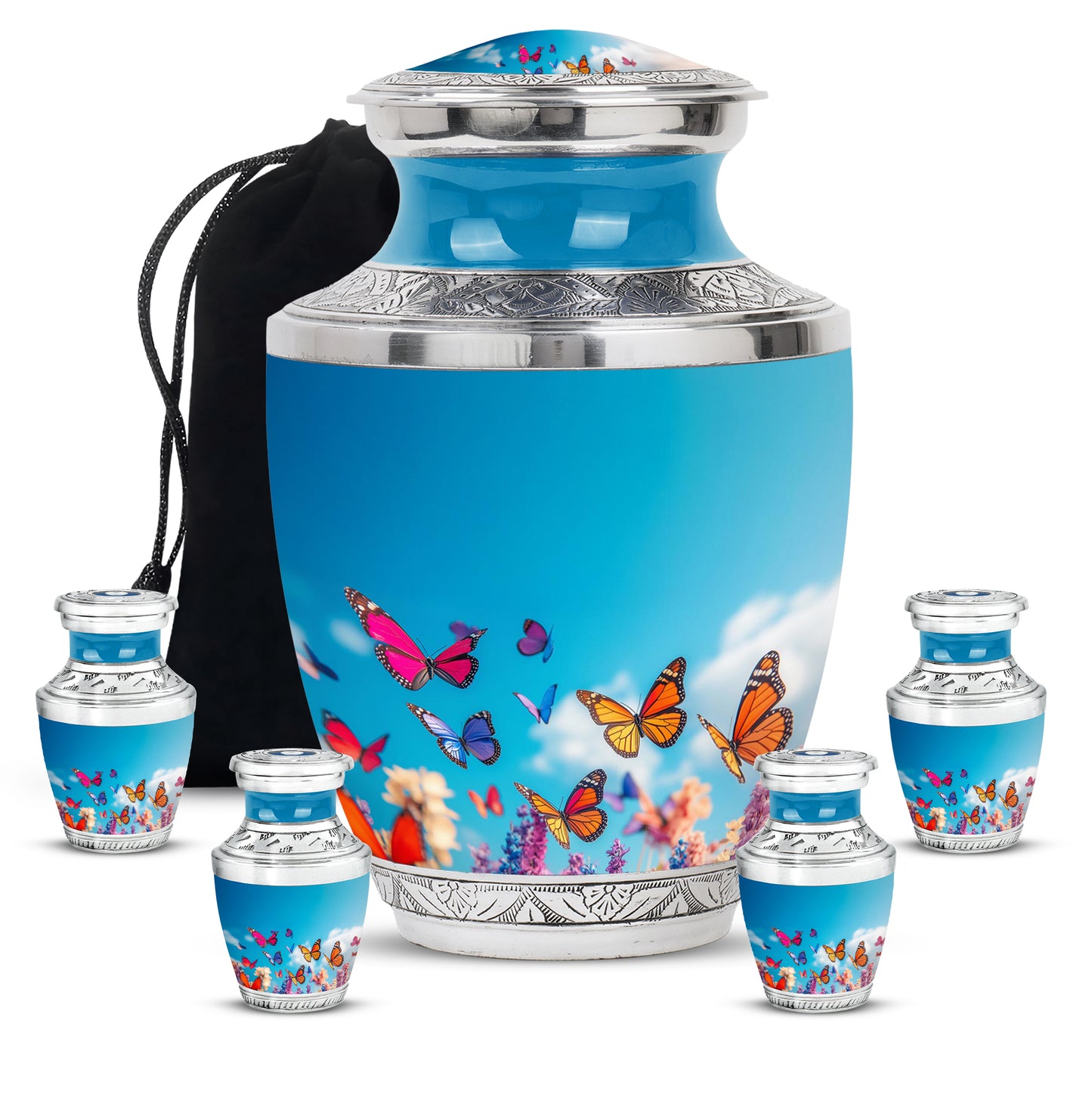 Dusty Blue Butterfly Cremation Urn lifestyle display on memorial shelf - contemporary butterfly design with modern artistic flair - memorial set with one large and four small urns
