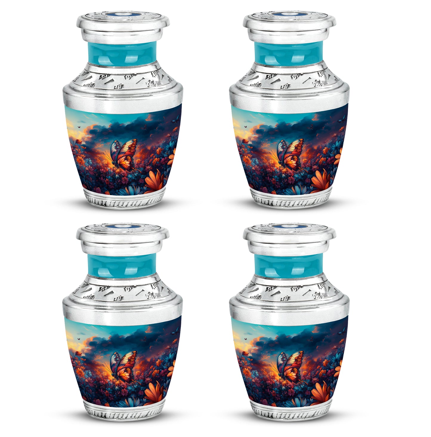 Celestial Blue Butterfly Cremation Urn back view with polished surface - contemporary butterfly design with modern artistic flair - 10 inch aluminum urn for cremated remains
