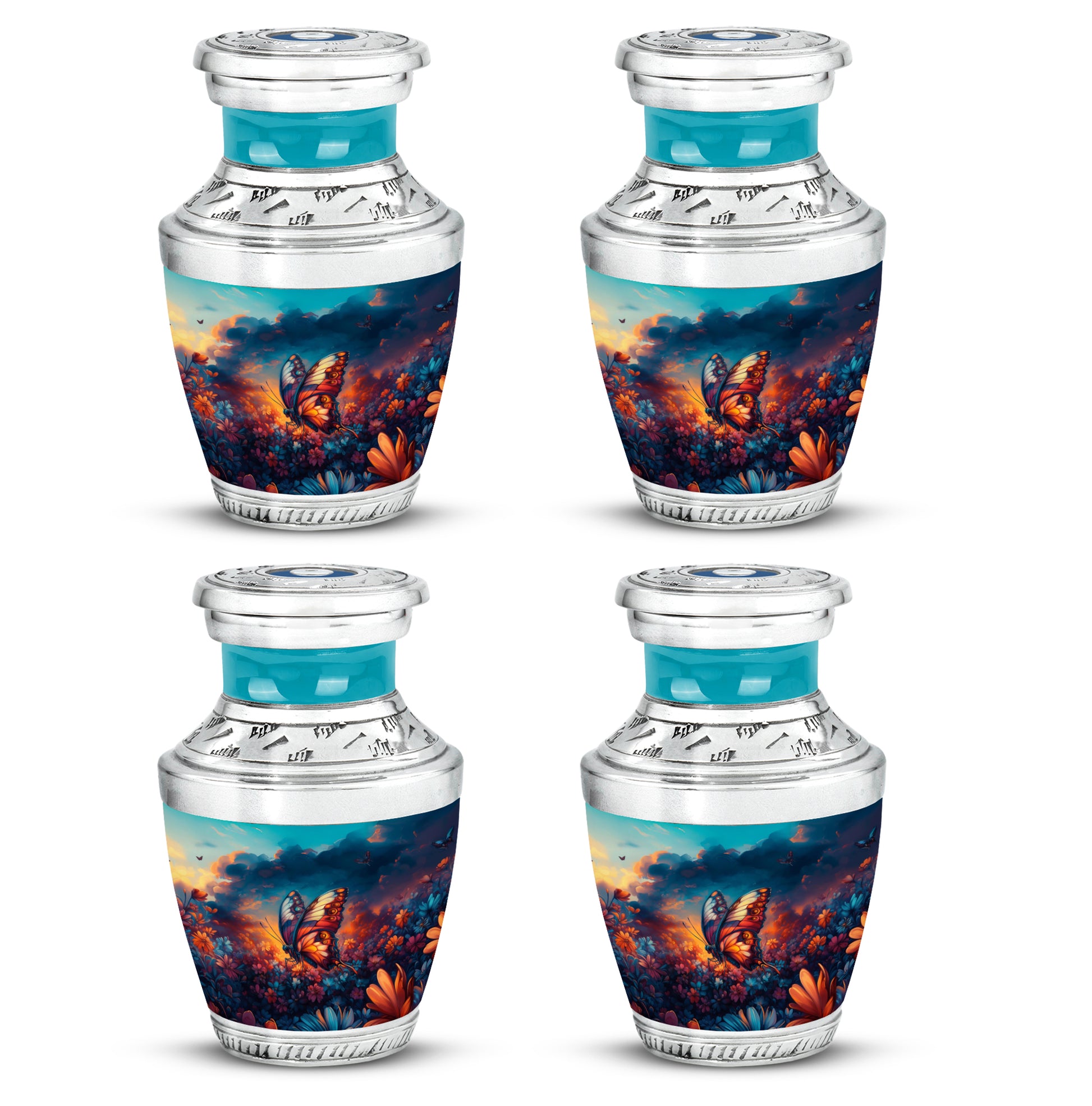 Celestial Blue Butterfly Cremation Urn back view with polished surface - contemporary butterfly design with modern artistic flair - 10 inch aluminum urn for cremated remains