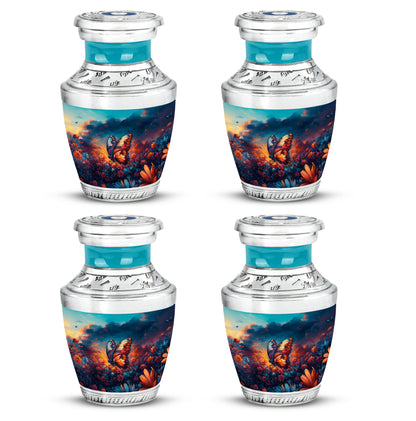 Celestial Blue Butterfly Cremation Urn back view with polished surface - contemporary butterfly design with modern artistic flair - 10 inch aluminum urn for cremated remains
