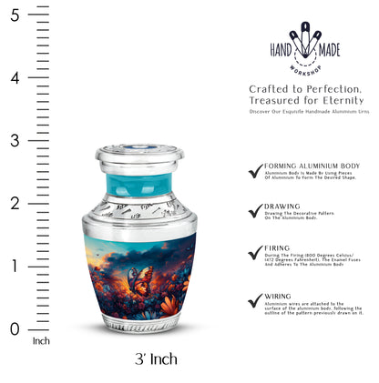 Sky Blue Butterfly Cremation Urn top-down view of secure threaded lid - contemporary butterfly design with modern artistic flair - mini keepsake memorial for portion of cremation ashes