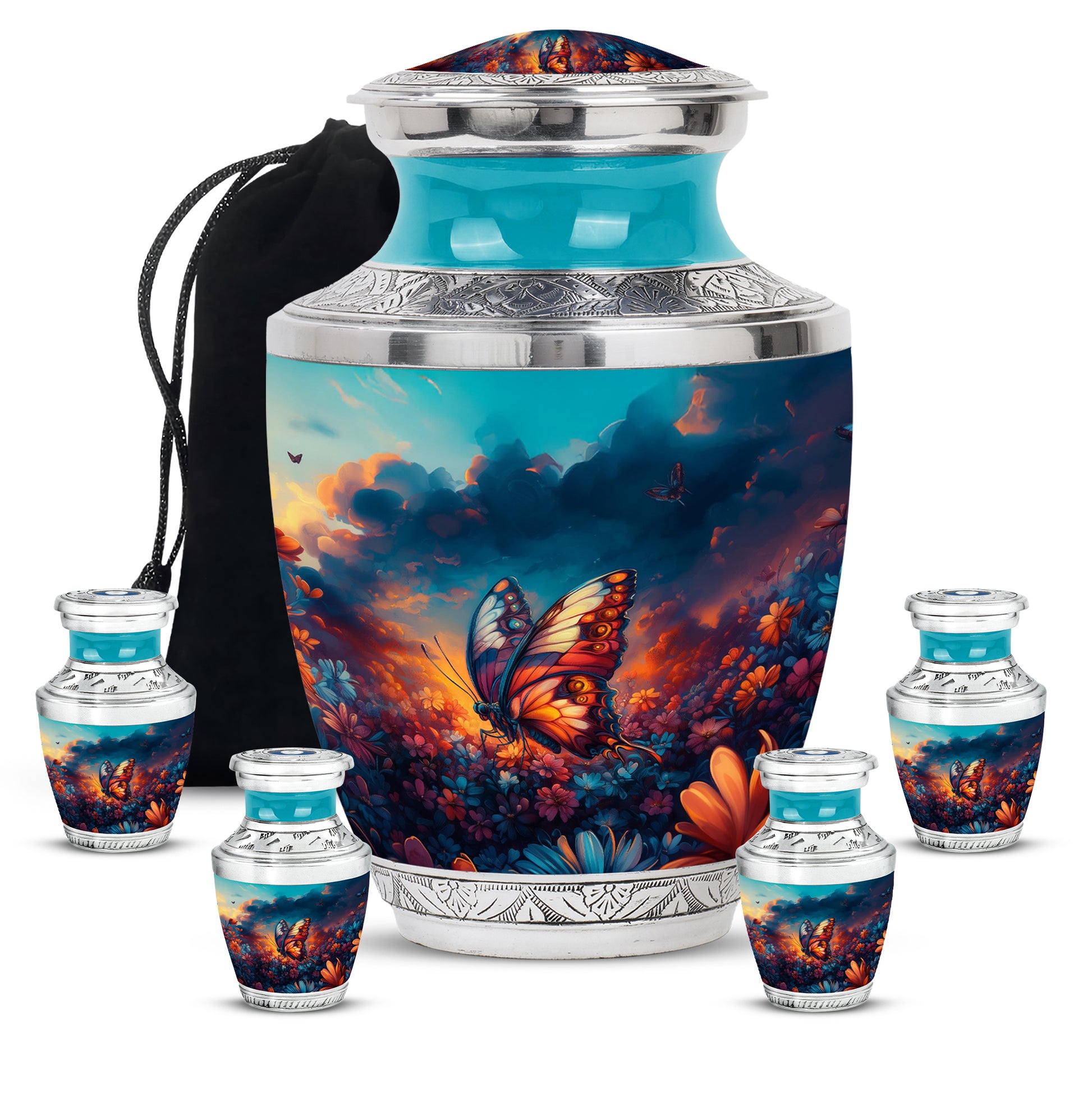 Pastel Blue Butterfly Cremation Urn lifestyle display on memorial shelf - modern art-inspired butterfly motif on sleek aluminum - memorial set with one large and four small urns