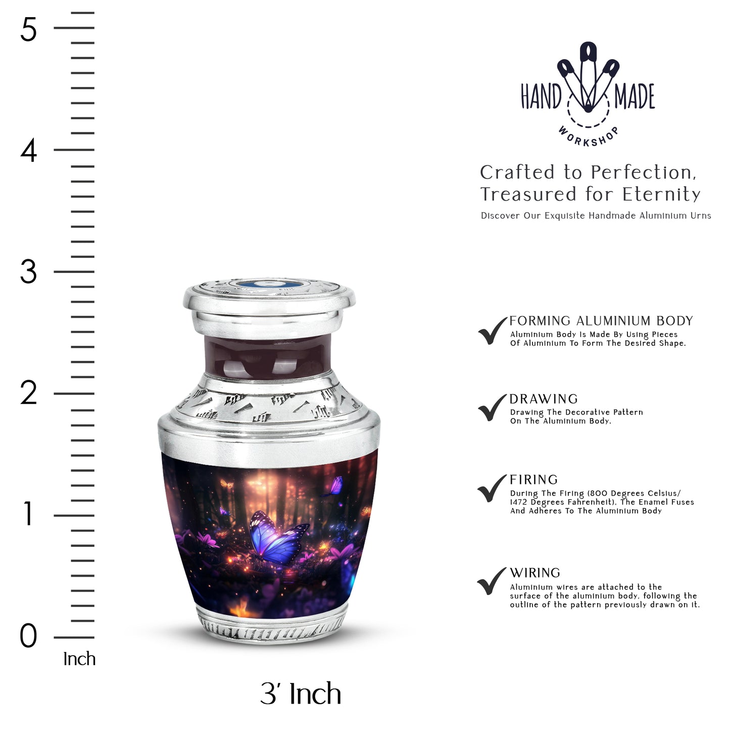 Obsidian Black Butterfly Cremation Urn top-down view of secure threaded lid - stylized abstract butterfly pattern with bold lines - mini keepsake memorial for portion of cremation ashes