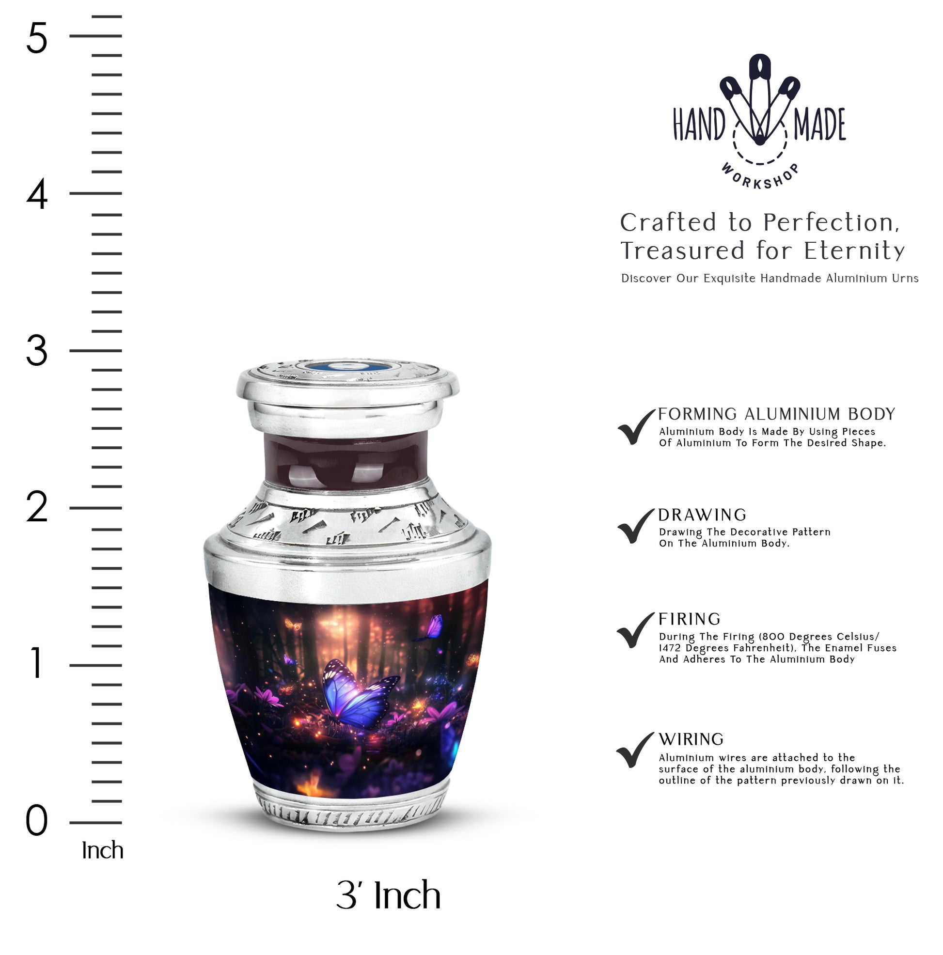 Obsidian Black Butterfly Cremation Urn top-down view of secure threaded lid - stylized abstract butterfly pattern with bold lines - mini keepsake memorial for portion of cremation ashes